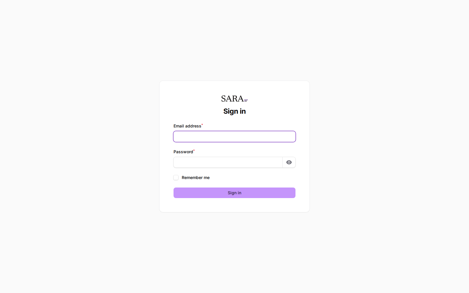 The SARA sign-in page, with email and password fields.