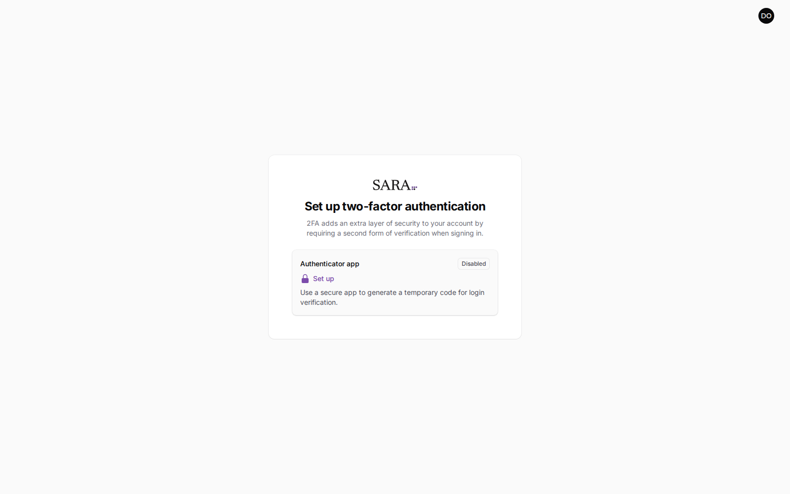 A page headed "Set up two-factor authentication", with the authenticator app marked Disabled and a Set up link.