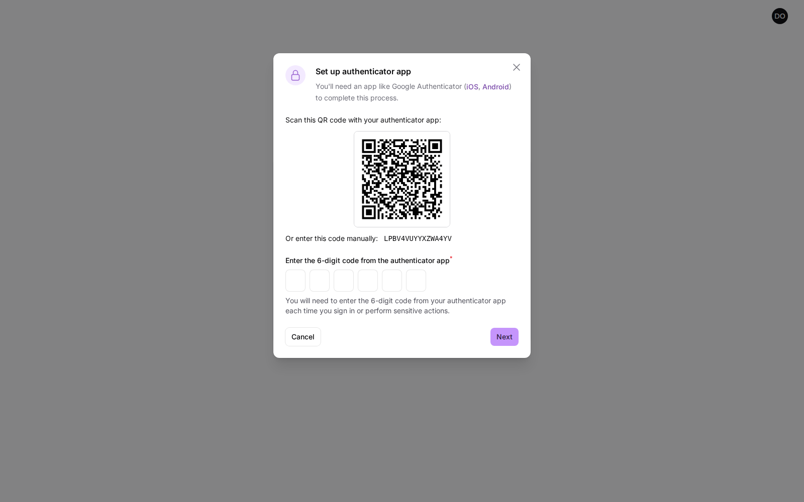 A dialog showing a QR code, a code to type manually, and six boxes for the digits from the authenticator app.