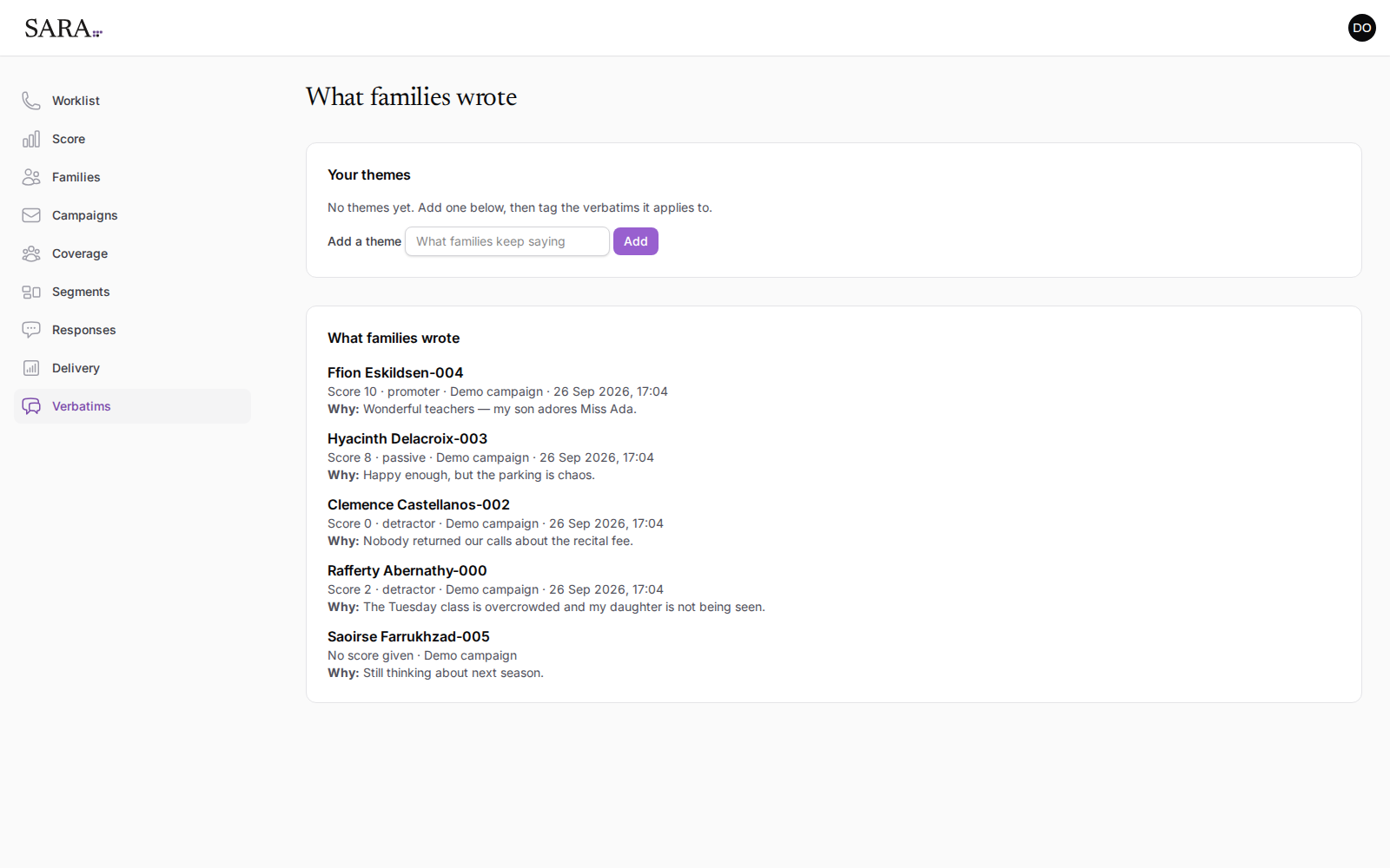 The "What families wrote" page, listing five families with their score, band, campaign, date, and the reason they gave.