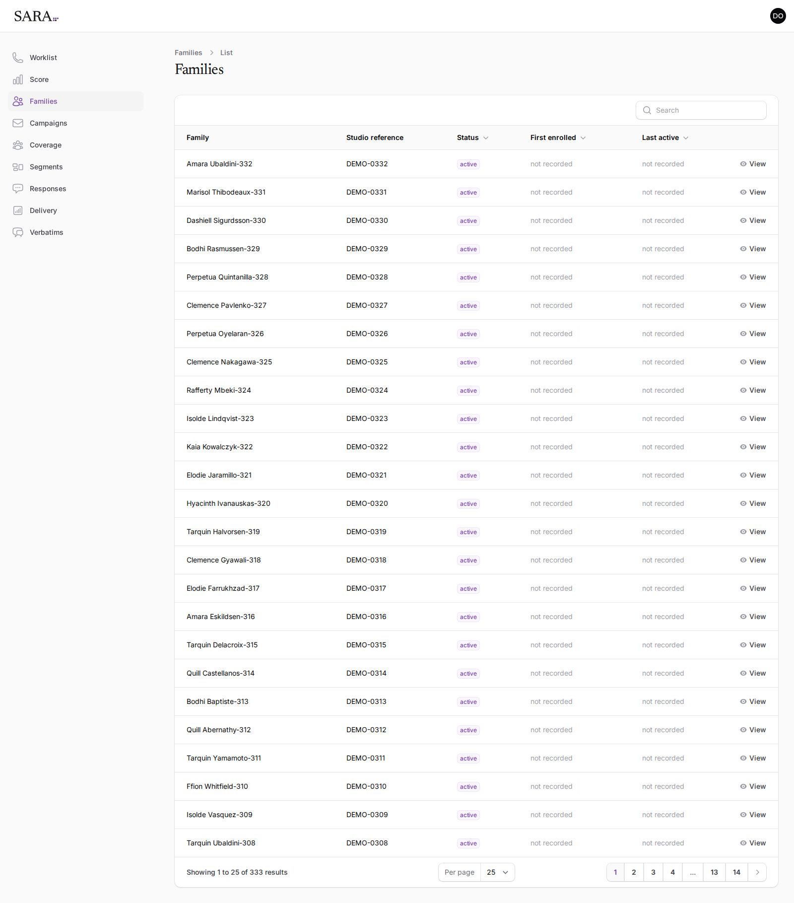 The Families list: a searchable table of 333 families with studio reference, status, first enrolled and last active columns.