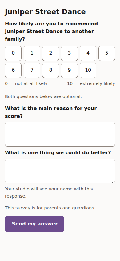 The survey page on a phone: the studio's name, the question, an eleven-button scale from 0 to 10, and two optional written questions.