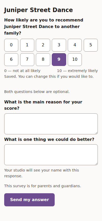 The same survey page reached from the email with a score already chosen, showing the selected number and the two optional questions.