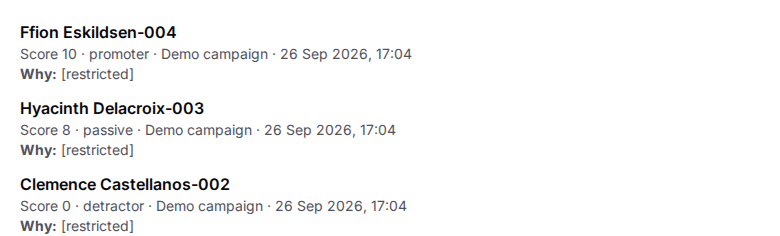 The same three rows as a staff login sees them, each reason reading restricted.
